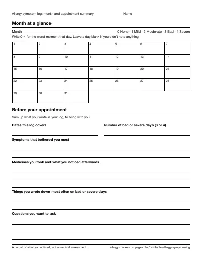 Page 2 of the printable log: a grid of 31 numbered day boxes under Month at a glance, and ruled lines under Before your appointment.